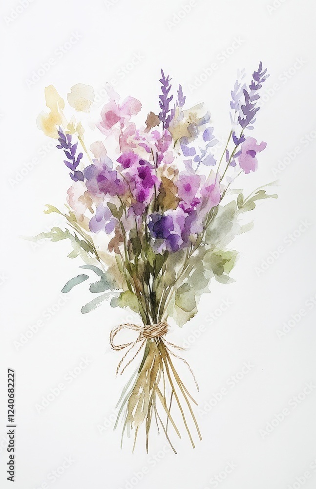 Naklejka premium Beautiful Watercolor Bouquet of Lavender and Colorful Flowers