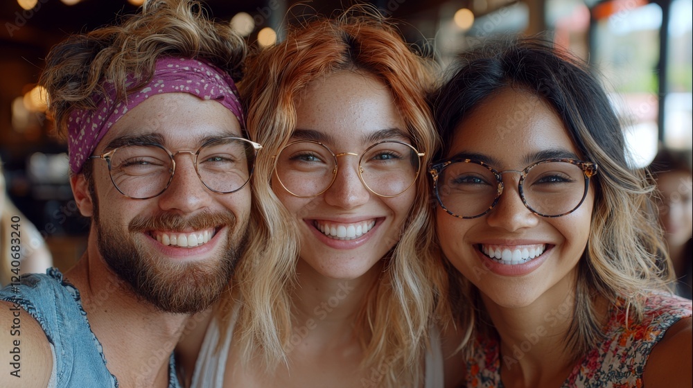 Fototapeta premium A group of joyful business professionals comes together for a selfie in a contemporary office