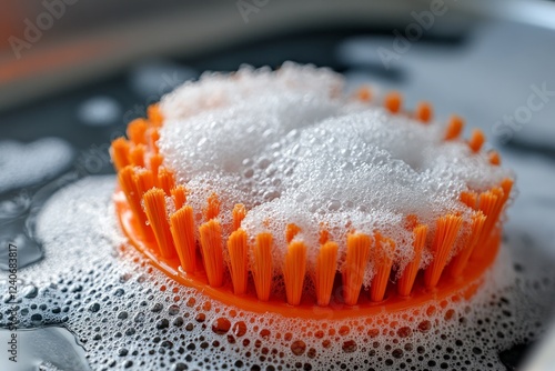 Cleaning brush covered in soap bubbles sits in a sink filled with suds during a morning dishwashing session photo