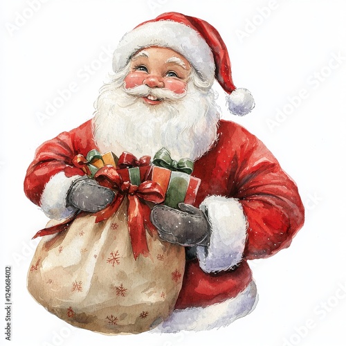 A chubby Santa Claus with a smile, depicted in watercolor, holding two gifts wrapped in brown paper bags