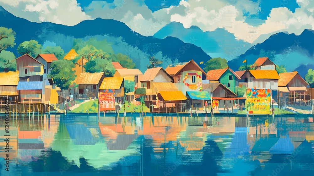 Fototapeta premium Vibrant scene of a tropical water village, featuring colorful houses on stilts reflecting in the clear water