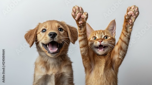A joyful golden retriever and a ginger cat play together, giving a high-five to highlight their strong bond as pets