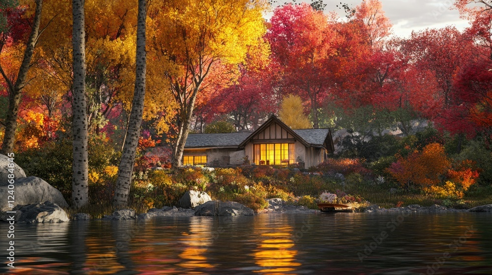 Fototapeta premium Autumnal Lakeside Cottage: A Serene Escape in Vibrant Fall Foliage