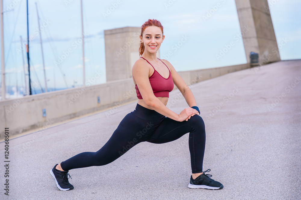 Athletic Woman Stretching Outdoors Before Workout Athletic Woman Stretching Outdoors Before Workout