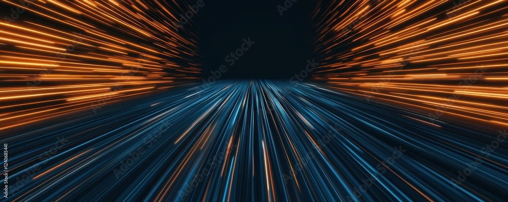 Obraz premium A dynamic visual of streaks of orange and blue light, creating a sense of speed and movement against a dark background.