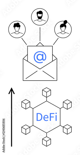 Icon of interconnected people around an email envelope, arrow pointing to decentralized finance DeFi symbol with cubes. Ideal for financial technology, blockchain, cryptocurrency, communication