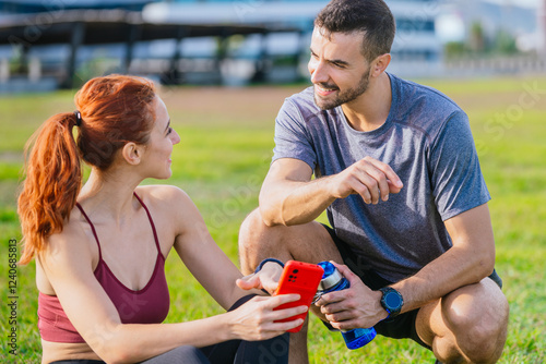 Young Fit Couple Relaxing After Workout in the Park