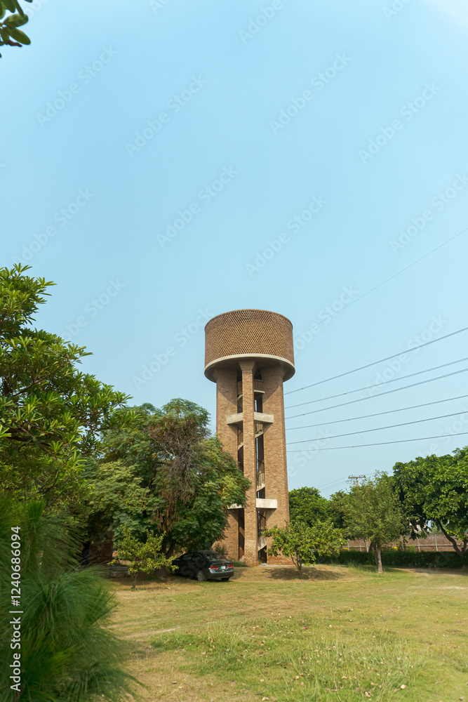 Fototapeta premium Explore the vintage water tower structure architecture in outdoor landscape