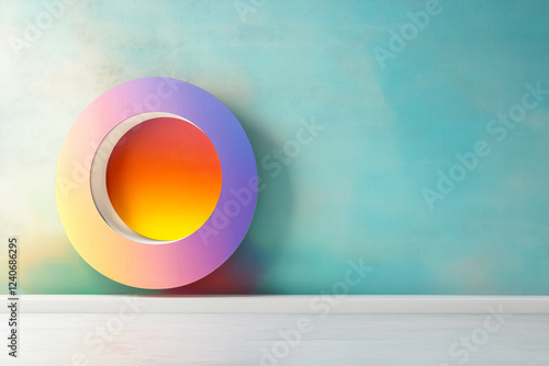 Eclipse abstract wall art, yellow orange centre, circle, portal, plain green blue background, copy space  photo