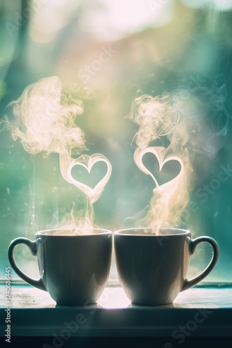 Two cups with steam forming heart shapes by a window.