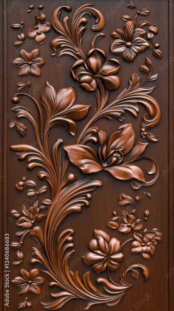 Stunning Wood Carving with Intricate Floral Patterns. A Masterpiece of Decorative Woodwork for Exquisite Interior Design. Stunning Wood Carving with Intricate Floral Patterns. A Masterpiece of Decorative Woodwork for Exquisite Interior Design.