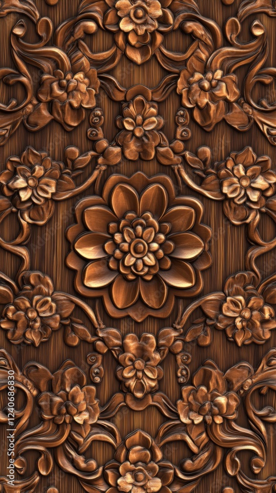 Exquisite Ornate Wood Carving with Intricate Floral Patterns. Detailed Reliefs of Flowers and Scrolls Exquisite Ornate Wood Carving with Intricate Floral Patterns. Detailed Reliefs of Flowers and Scrolls
