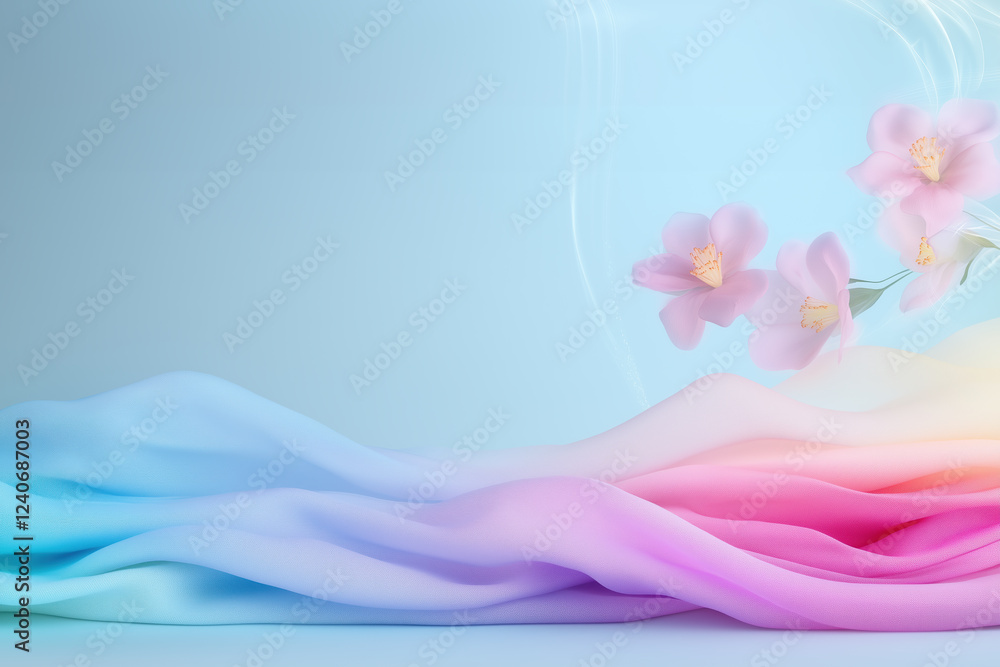 Obraz premium Fresh Laundry Scene with Vibrant Clothing and Light Floral Fragrance Waves, Perfect for Text Overlay, Generative AI