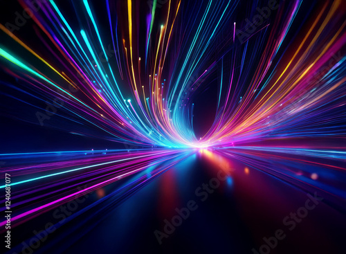 Vibrant, multicolored light trails converge and diverge in a dynamic, swirling vortex against a dark background, evoking a sense of speed and energy.