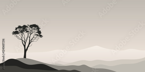 Minimalistic landscape, morning light, lonely tree, vector illustration