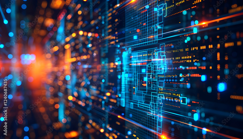 Abstract digital background showcasing vibrant data flow and circuitry in a futuristic setting Abstract digital background showcasing vibrant data flow and circuitry in a futuristic setting
