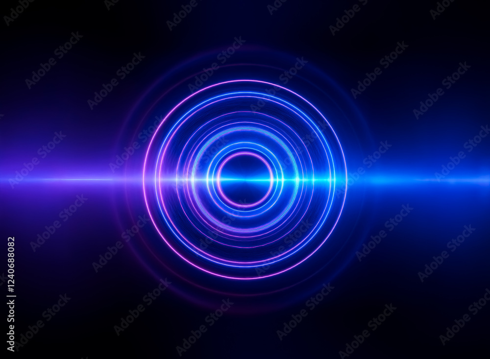 Abstract image of concentric glowing circles in vibrant blue and purple hues, intersected by a bright horizontal light beam against a dark background. The effect is hypnotic and suggests energy or a Abstract image of concentric glowing circles in vibrant blue and purple hues, intersected by a bright horizontal light beam against a dark background. The effect is hypnotic and suggests energy or a