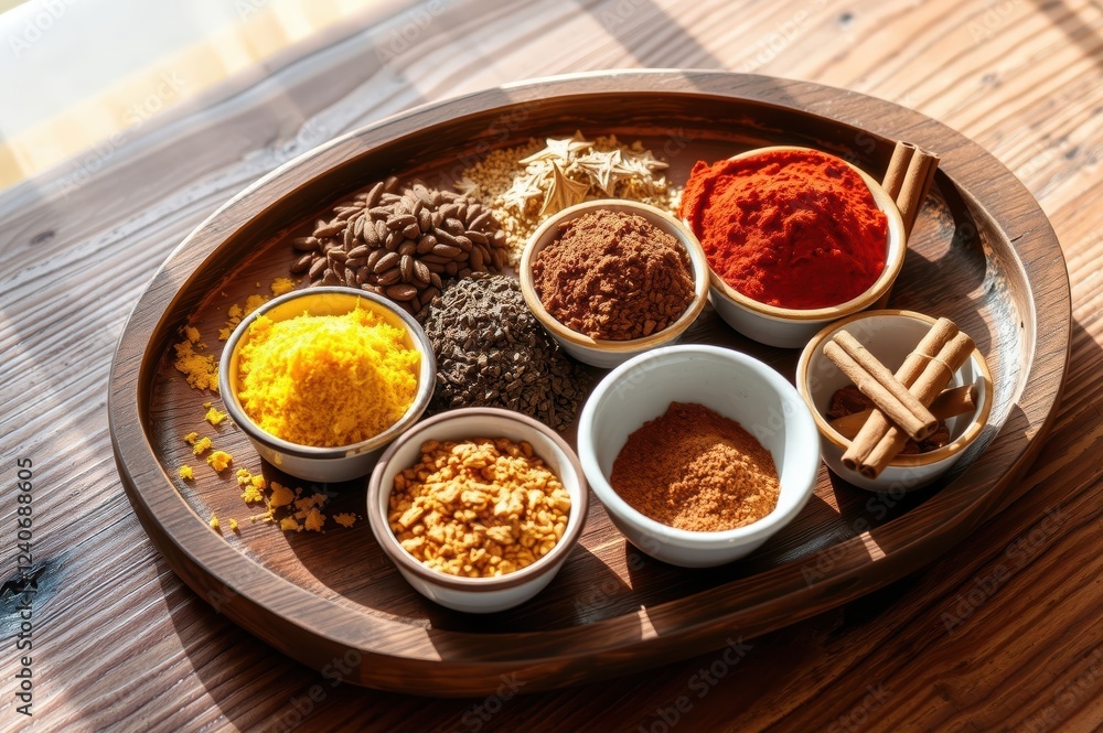 Assortment of spices in small bowls on wooden tray Assortment of spices in small bowls on wooden tray