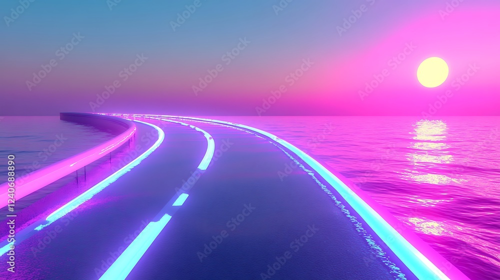 Neon road sunset ocean; digital art Neon road sunset ocean; digital art