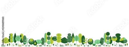 Natural horizontal light minimalistic background with row of geometric trees below for banner, poster, presentations, social media. Universal vector template