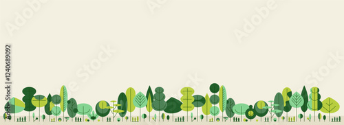Natural horizontal light minimalistic background with row of geometric trees below for banner, poster, presentations, social media. Universal vector template