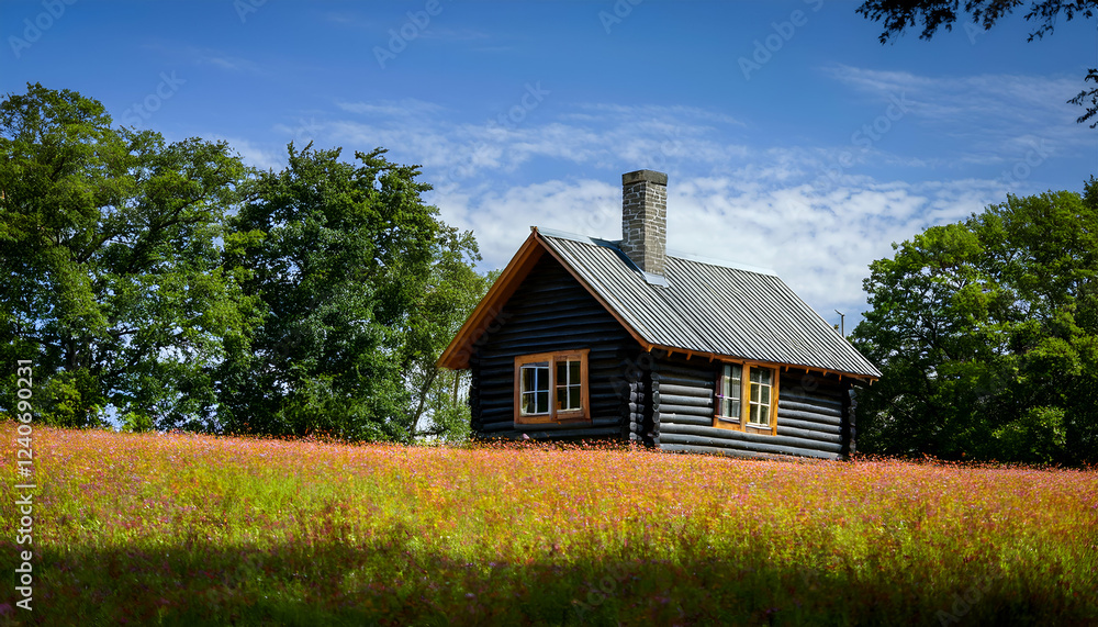Small Wooden Cabin in a Green Field Surrounded by Trees Under a Clear Blue Sky – Peaceful Rural Escape Small Wooden Cabin in a Green Field Surrounded by Trees Under a Clear Blue Sky – Peaceful Rural Escape