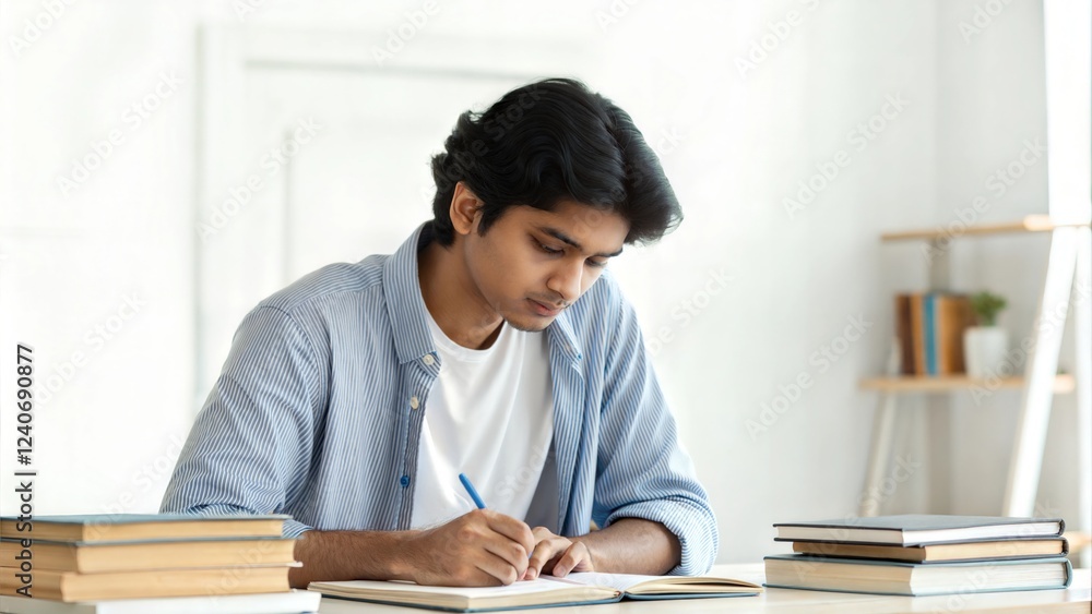 Indian Student Writing in Notebook at Desk Indian Student Writing in Notebook at Desk