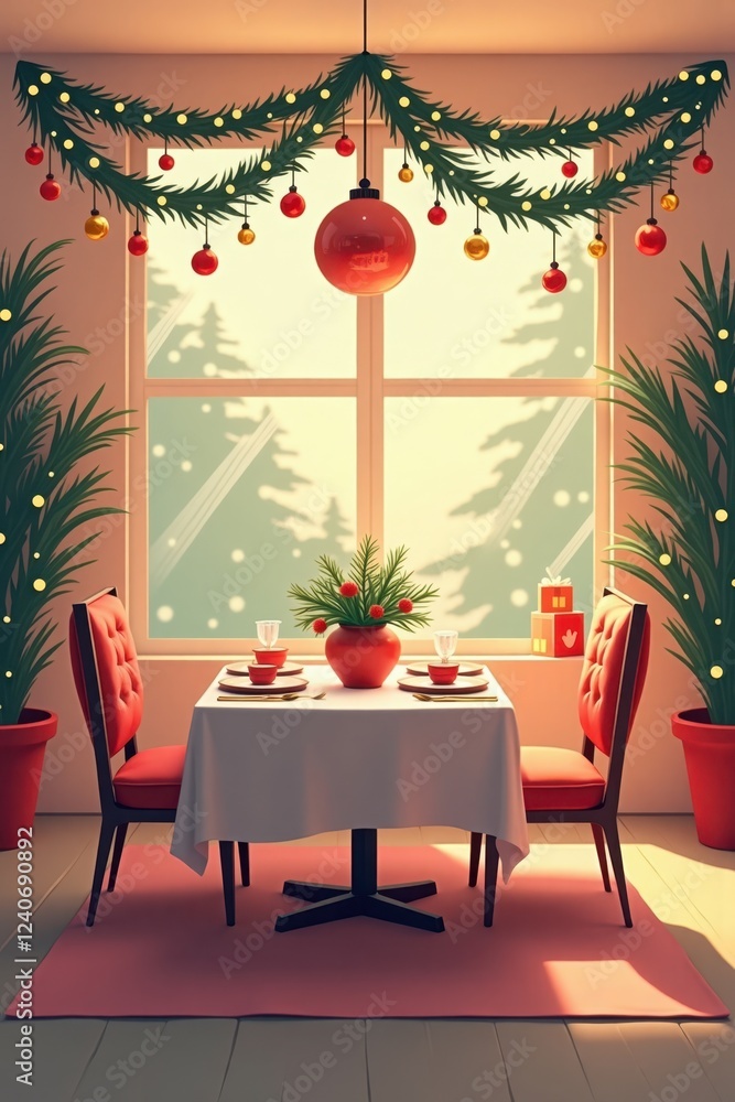 Fototapeta premium A delightful dining area adorned for Christmas with a beautifully set table, sparkling fairy lights above, and a centerpiece of pine branches and ornaments. Flat Design.