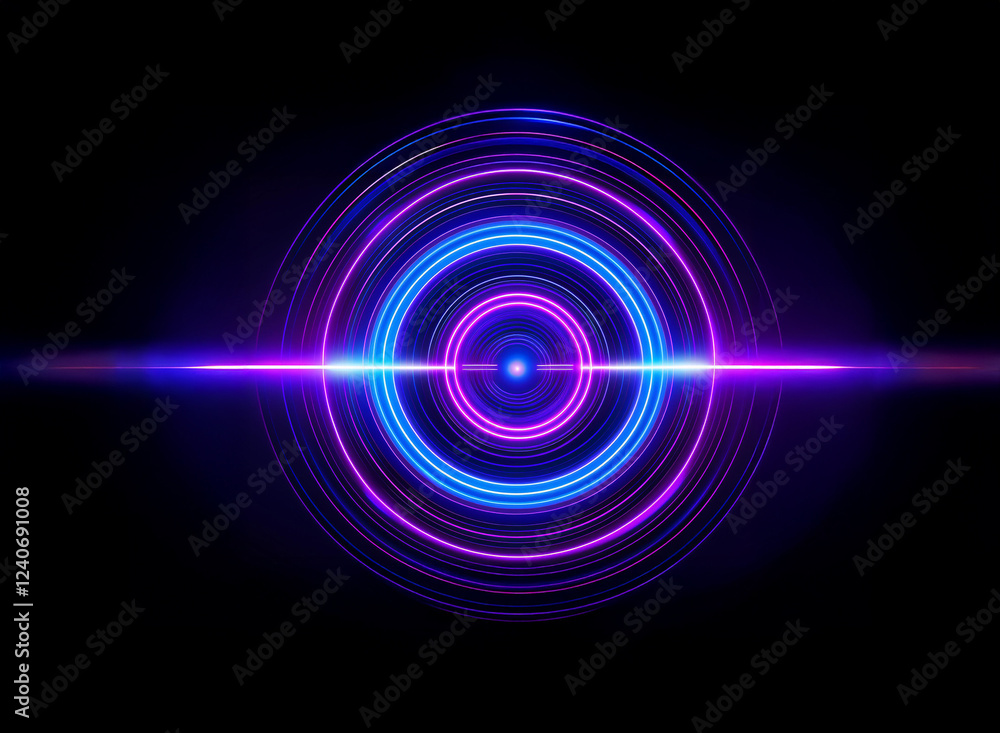 Abstract concentric circles of vibrant blue and purple light glow intensely against a black background, intersected by a bright horizontal lens flare. The image evokes feelings of energy and technolo Abstract concentric circles of vibrant blue and purple light glow intensely against a black background, intersected by a bright horizontal lens flare. The image evokes feelings of energy and technolo