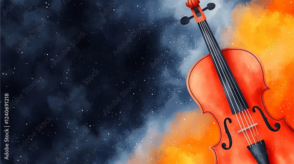 Fototapeta premium A vibrant illustration of a violin against a cosmic background, blending colors of orange and blue, evoking a sense of creativity and musicality.