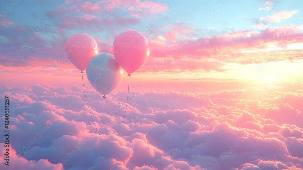 Obraz premium Whimsical Pastel Balloons Floating Among Fluffy Clouds in Tranquil Dreamlike Sky Scenery