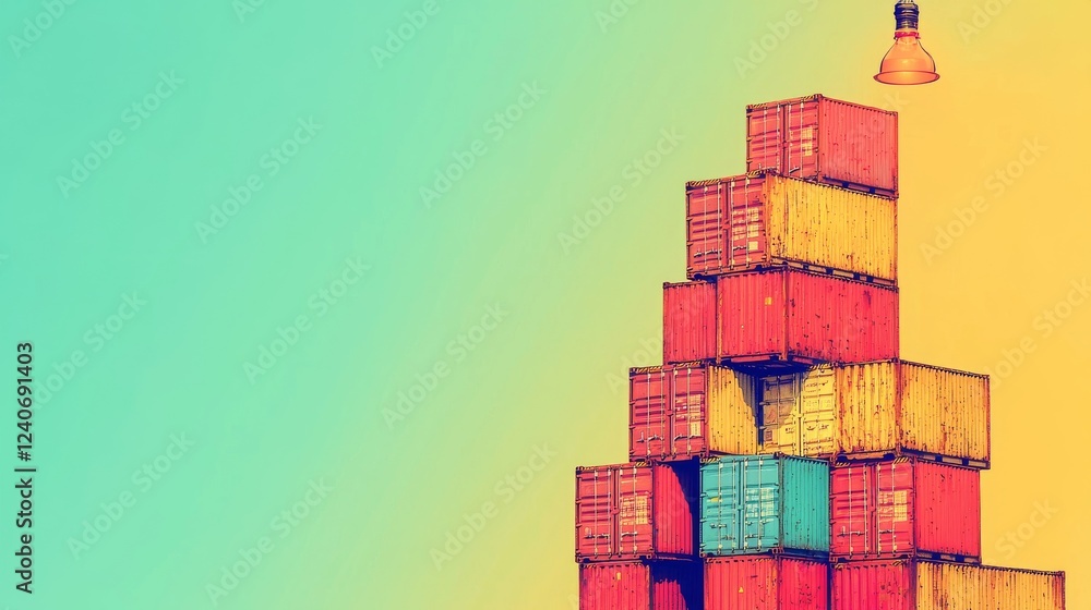 Fototapeta premium Cargo containers stacked in a pyramid shape under an illuminated light bulb symbolizing planning.