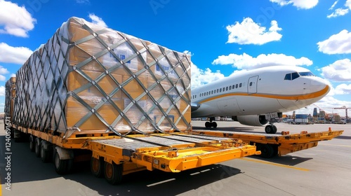 A large cargo container is secured on a truck with a plane in the background illustrating cargo securing process and lashing activity.