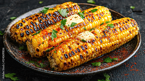Grilled corn on the cob with butter and paprika, served on a rustic plate with soft natural light in food photography
