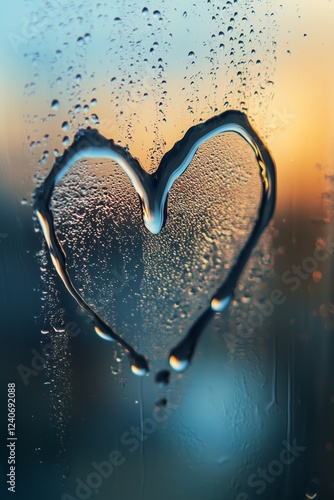 Heart shape on a dewy glass window at sunrise.