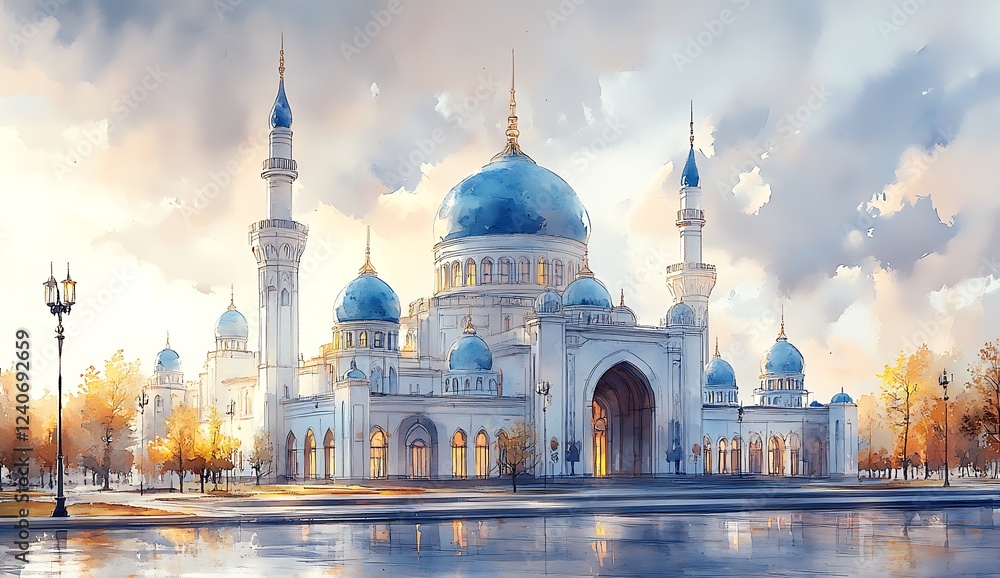 Obraz premium Watercolor illustration of a stunning mosque at dawn.