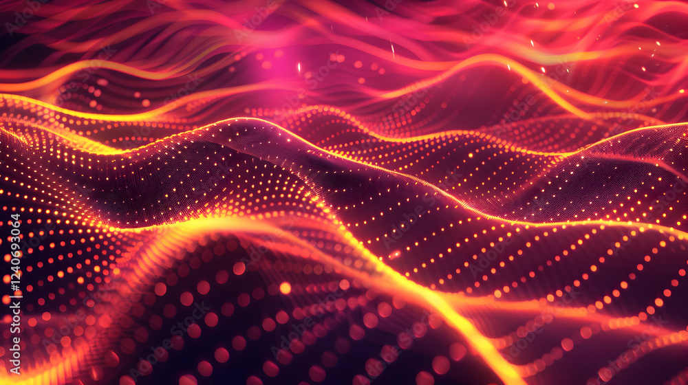 Vibrant abstract waves of light and color undulating in a digital landscape at dusk