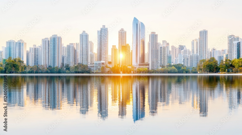 Cityscape sunrise, lake reflection, urban park, business background Cityscape sunrise, lake reflection, urban park, business background