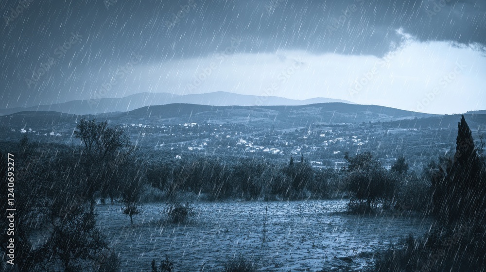 Fototapeta premium Dramatic Rainfall Over Landscape With Dark Clouds and Mountains