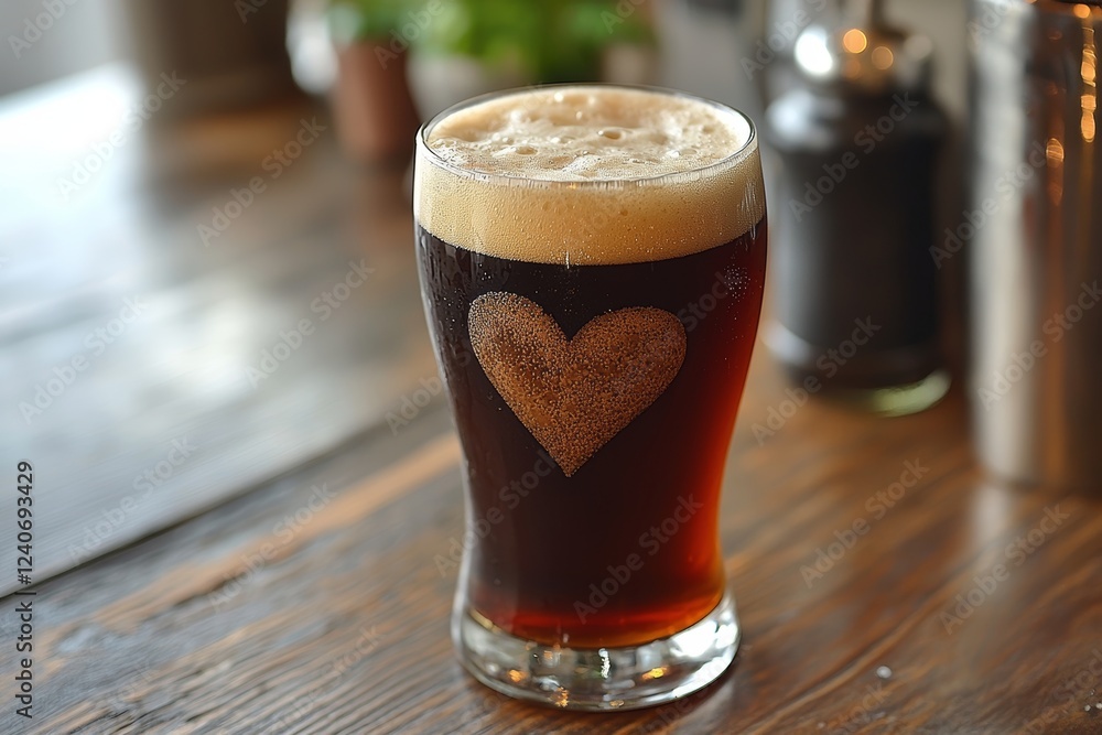 Valentine's Day drinkware comes alive with a heart-shaped beer splash on a rustic wooden table, featuring foamy bubbles and a refreshing beverage Valentine's Day drinkware comes alive with a heart-shaped beer splash on a rustic wooden table, featuring foamy bubbles and a refreshing beverage