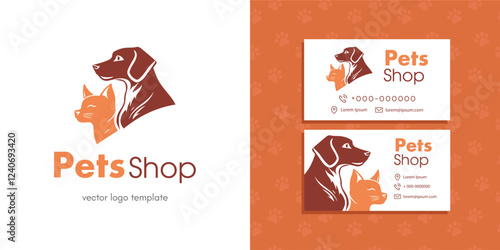 Dog cat logo. Pet shop vector logo template, seamless pattern and business card template.