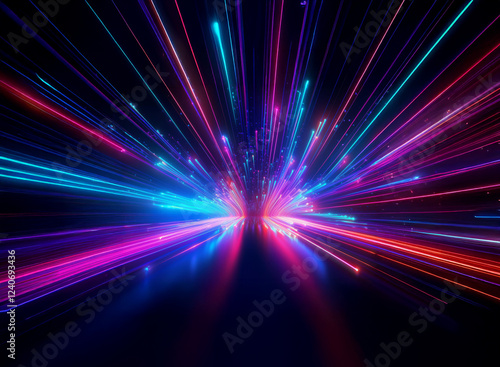 Vibrant streaks of light burst from a central point, radiating outwards in a dazzling display of neon pink, blue, and red against a deep black background.  The effect is one of intense speed and energ