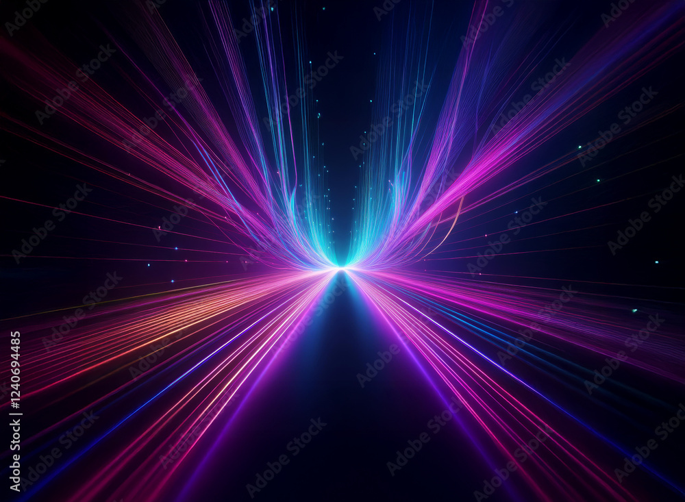 Obraz premium Vibrant streaks of purple, pink, and blue light converge at a central point, creating a dynamic, symmetrical pattern against a dark background. The effect is reminiscent of a cosmic tunnel or energy 
