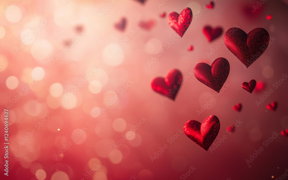 A dreamy scene of floating red hearts against a soft bokeh background A dreamy scene of floating red hearts against a soft bokeh background