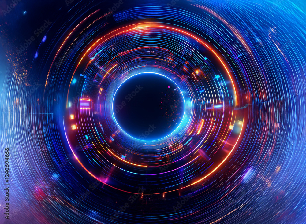 A mesmerizing digital artwork depicting concentric glowing rings of vibrant blue, orange, and pink light surrounding a dark central void. The circular design suggests motion and energy, creating a fu A mesmerizing digital artwork depicting concentric glowing rings of vibrant blue, orange, and pink light surrounding a dark central void. The circular design suggests motion and energy, creating a fu