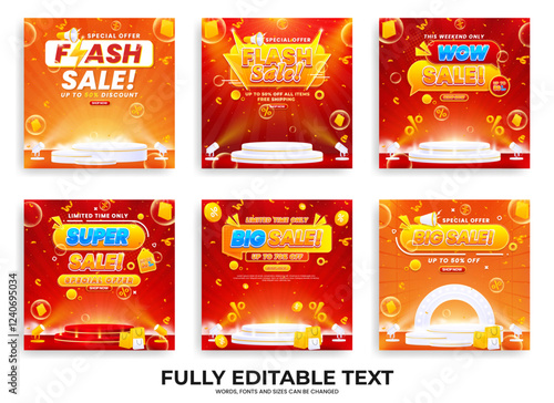 Collection of discount sale promo banner templates. Collection of flash sale, big sale, super sale, and mega sale promo discounts with podium, spotlights, and realistic abstract backgrounds.