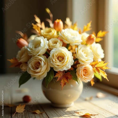 Wallpaper Mural An elegant floral arrangement featuring autumn flowers in shades of white, cream, and gold, fall decor, warm lighting, Torontodigital.ca