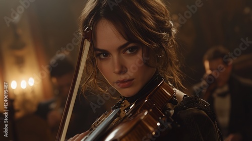 Woman playing violin in dimly lit, ornate room with musicians in background photo