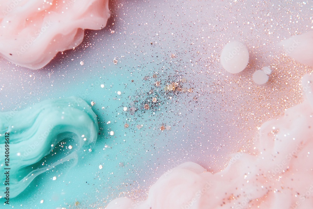 Obraz premium Soft teal, blush, and lavender hues blend into a galaxy gradient, enhanced by scattered glitter that resembles stars, creating a whimsical and ethereal effect