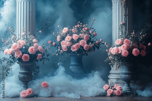 Elegant Pink Roses in Antique urns, Majestic Columns, Misty Atmosphere photo